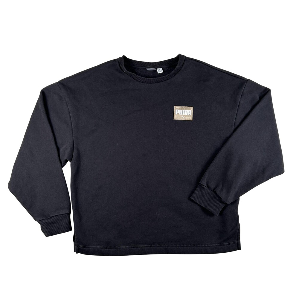 Puma Sweatshirt Womens Medium Black Fleece Pullover Crewneck Logo Patch Casual